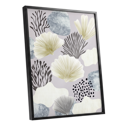 Gilded Reef Garden, gray, white, gold nature wall art shown as a black framed poster wall art print