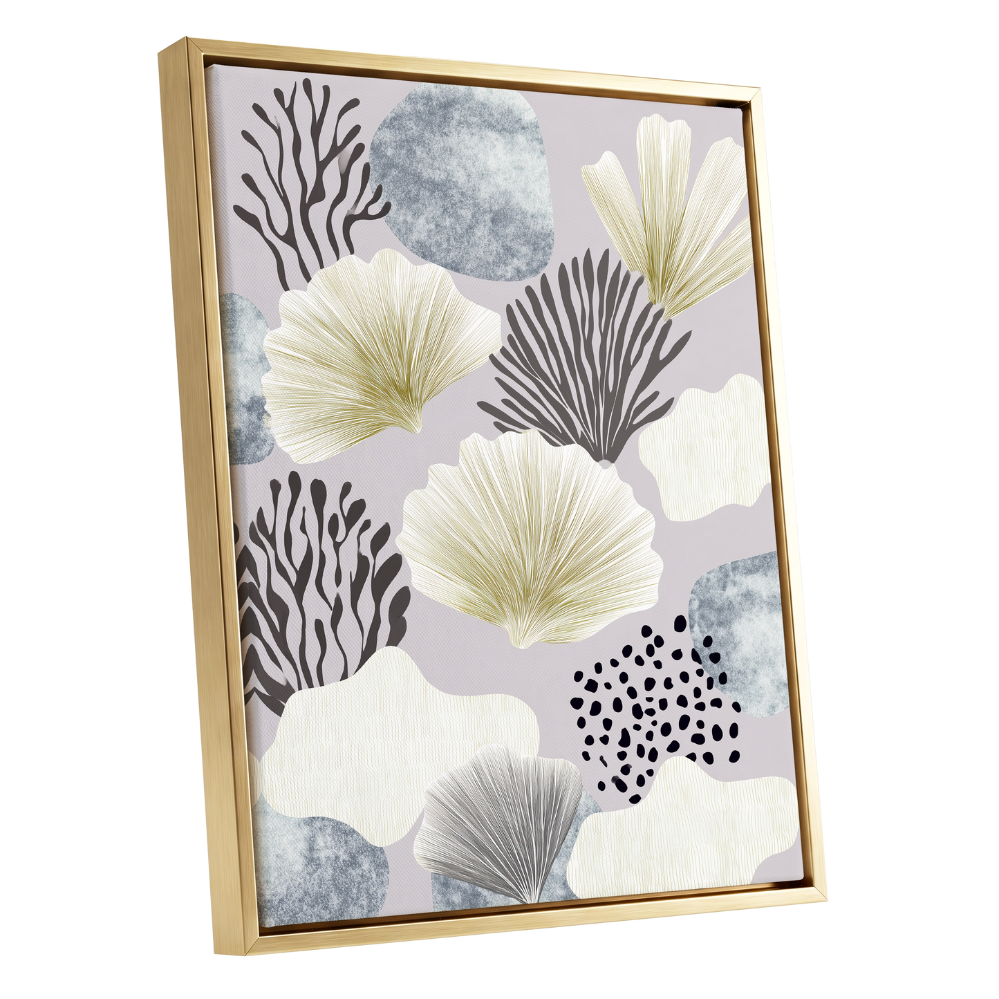 Gilded Reef Garden, gray, white, gold nature wall art shown as a gold framed canvas wall art