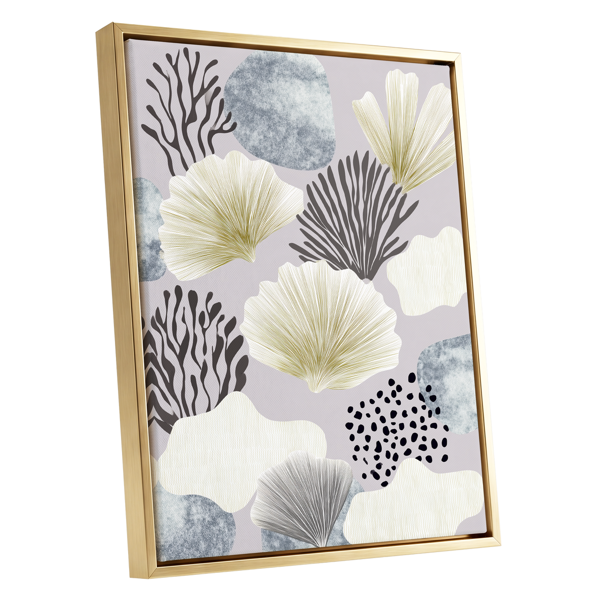 Gilded Reef Garden, gray, white, gold nature wall art shown as a gold framed canvas wall art