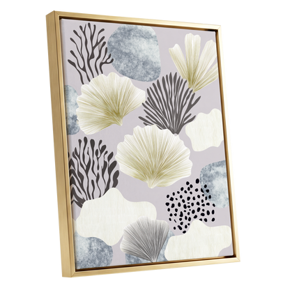 Gilded Reef Garden, gray, white, gold nature wall art shown as a gold framed canvas wall art