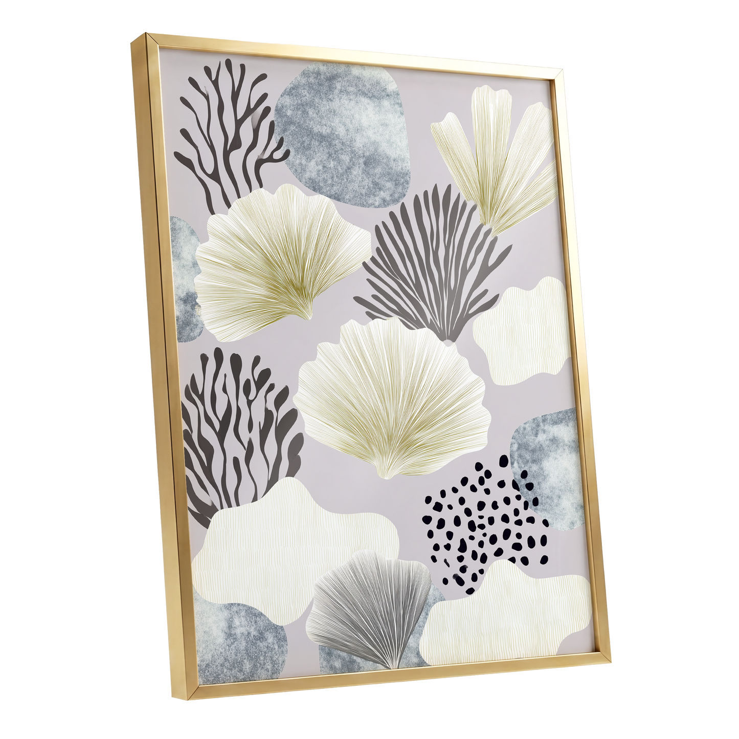 Gilded Reef Garden, gray, white, gold nature wall art shown as a gold framed poster wall art print