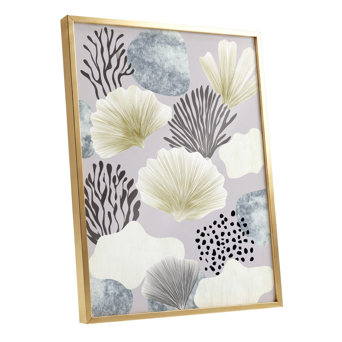 Gilded Reef Garden, gray, white, gold nature wall art shown as a gold framed poster wall art print