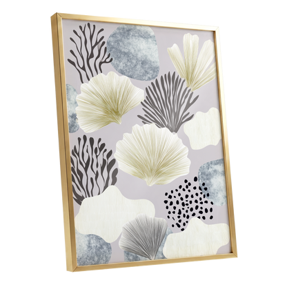 Gilded Reef Garden, gray, white, gold nature wall art shown as a gold framed poster wall art print