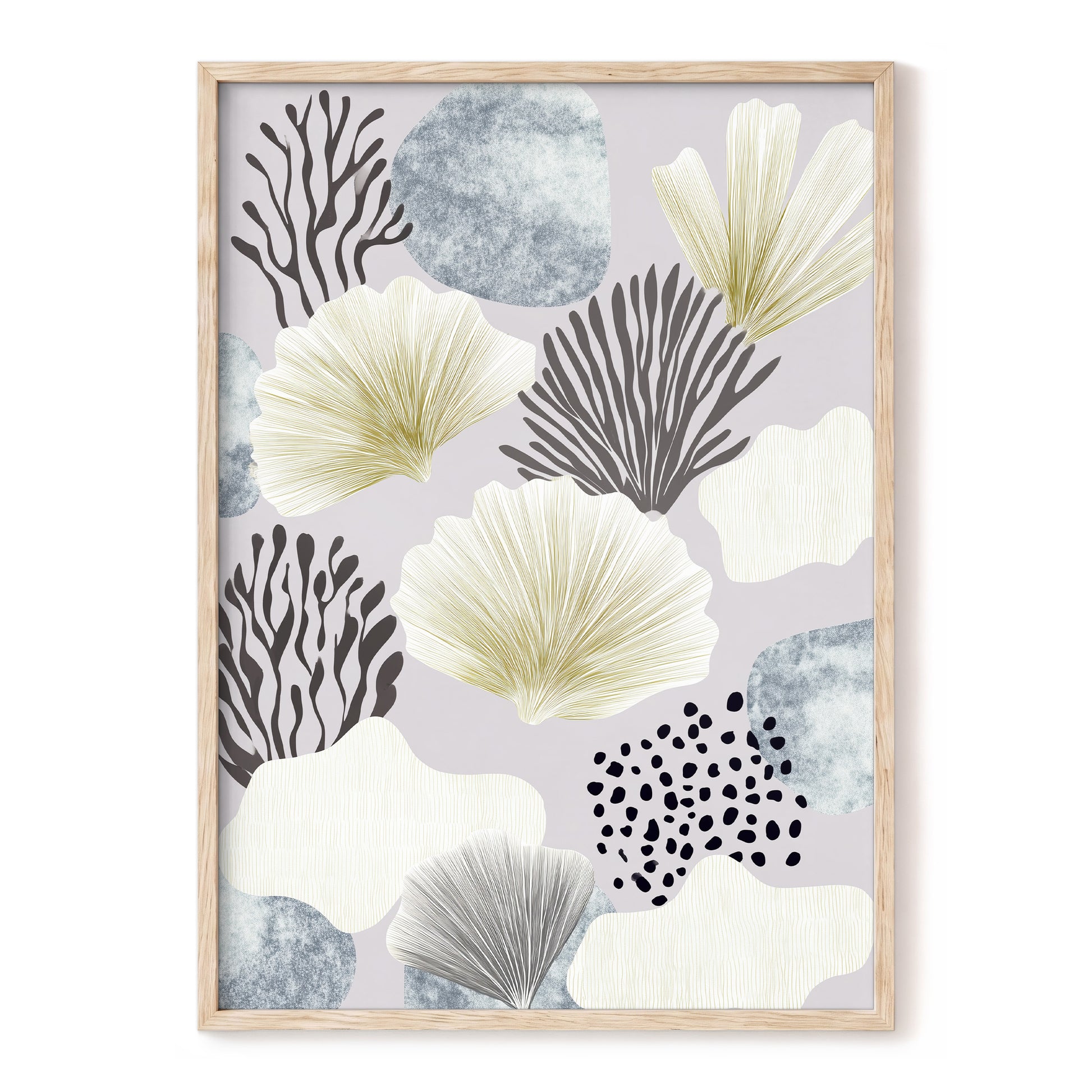 Gilded Reef Garden, gray, white, gold nature wall art, front artwork view