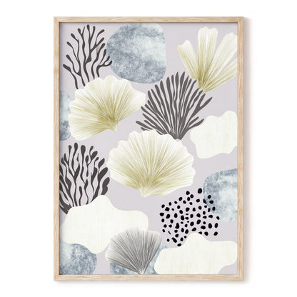Gilded Reef Garden, gray, white, gold nature wall art, front artwork view