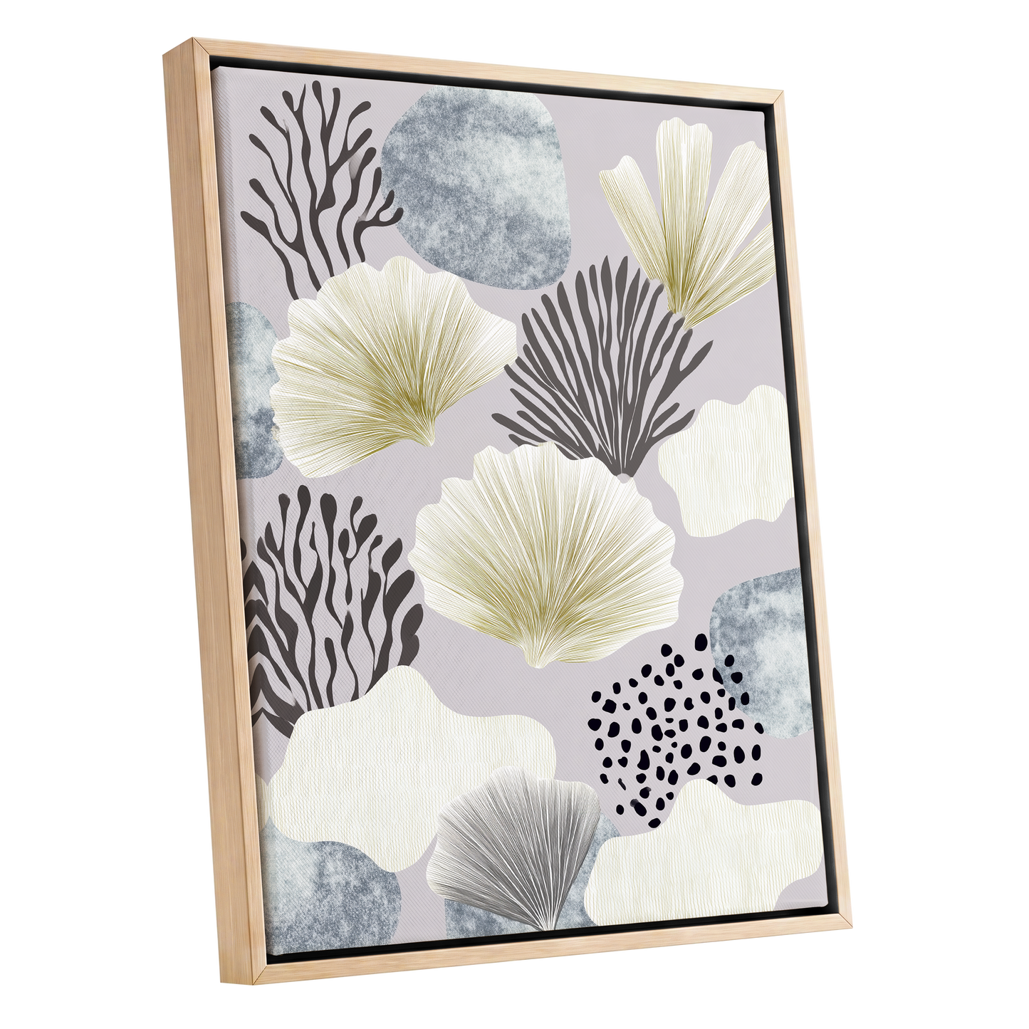 Gilded Reef Garden, gray, white, gold nature wall art shown as a oak framed canvas wall art