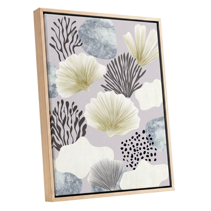 Gilded Reef Garden, gray, white, gold nature wall art shown as a oak framed canvas wall art