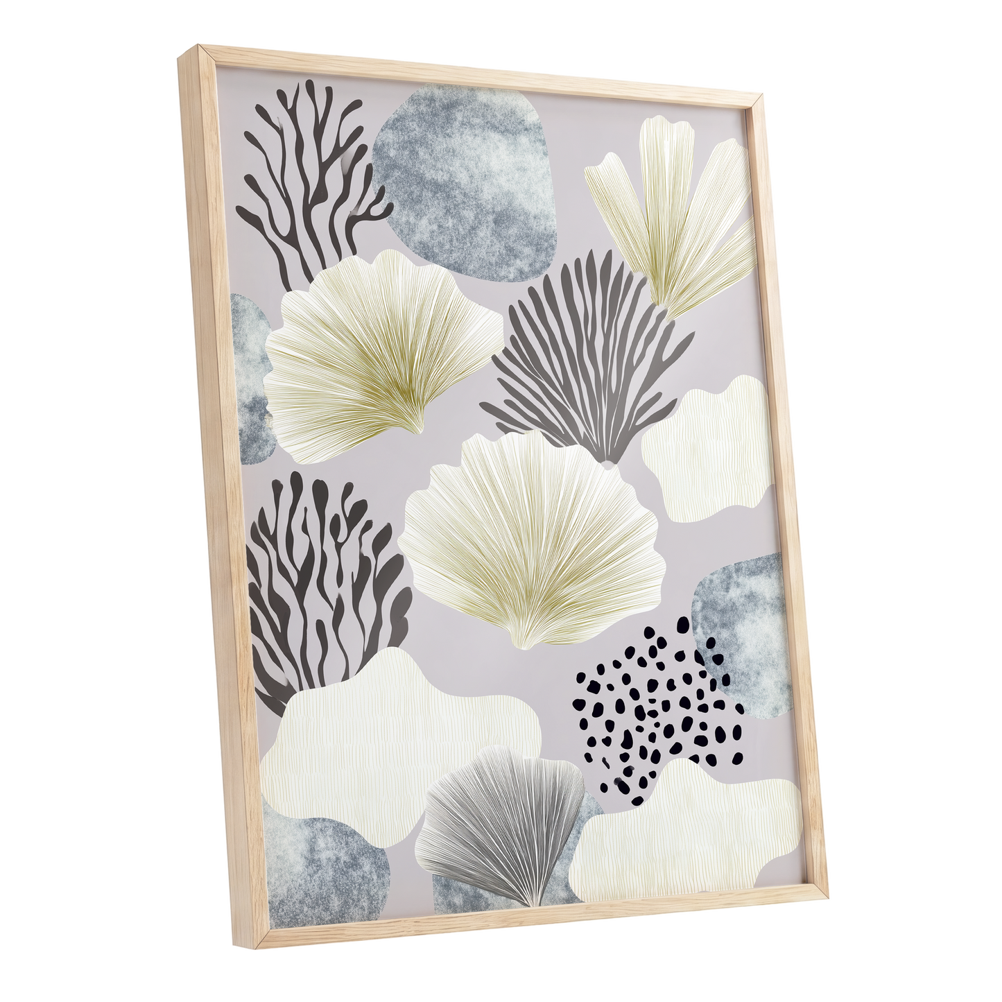 Gilded Reef Garden, gray, white, gold nature wall art shown as a oak framed poster wall art print