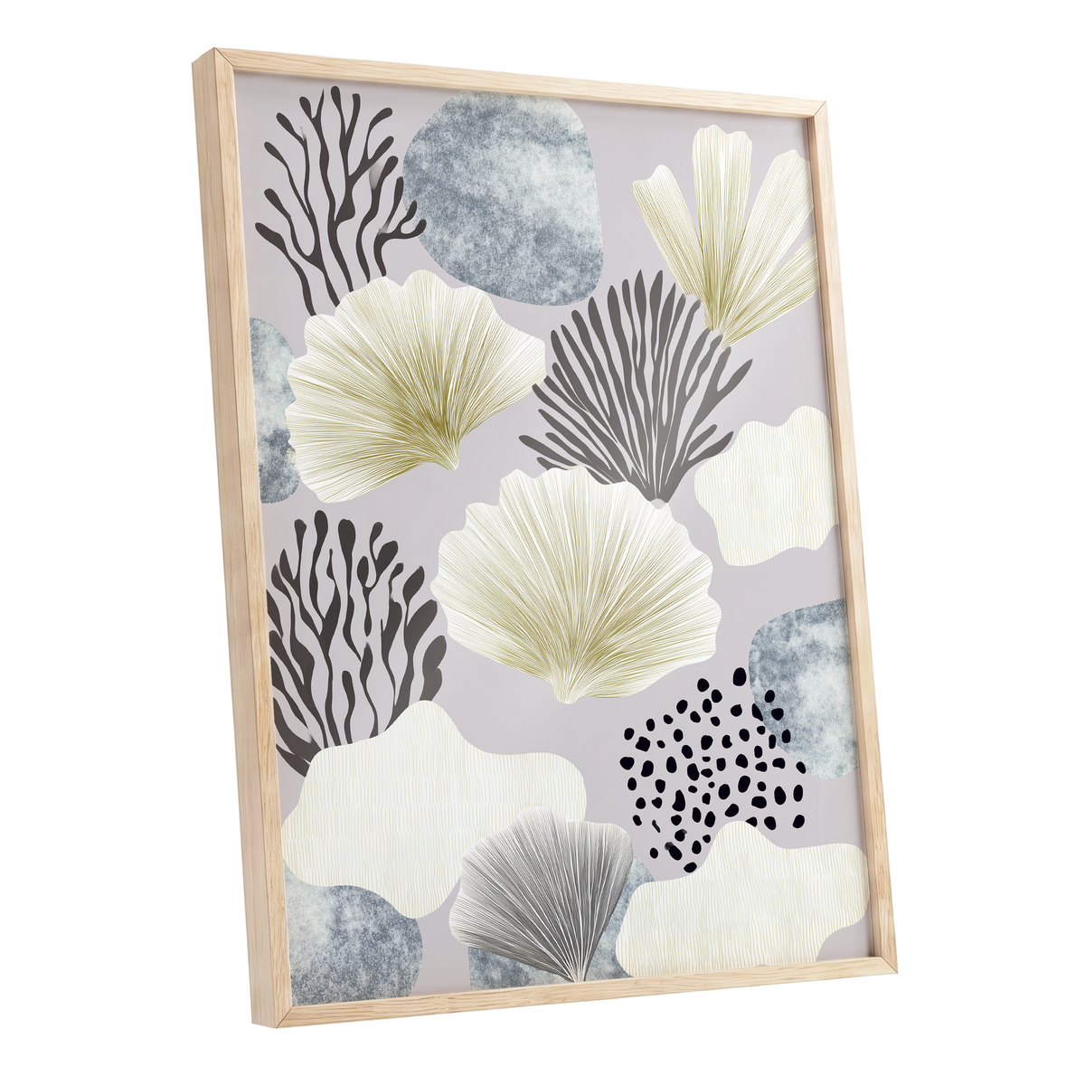 Gilded Reef Garden, gray, white, gold nature wall art shown as a oak framed poster wall art print