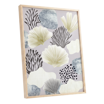 Gilded Reef Garden, gray, white, gold nature wall art shown as a oak framed poster wall art print