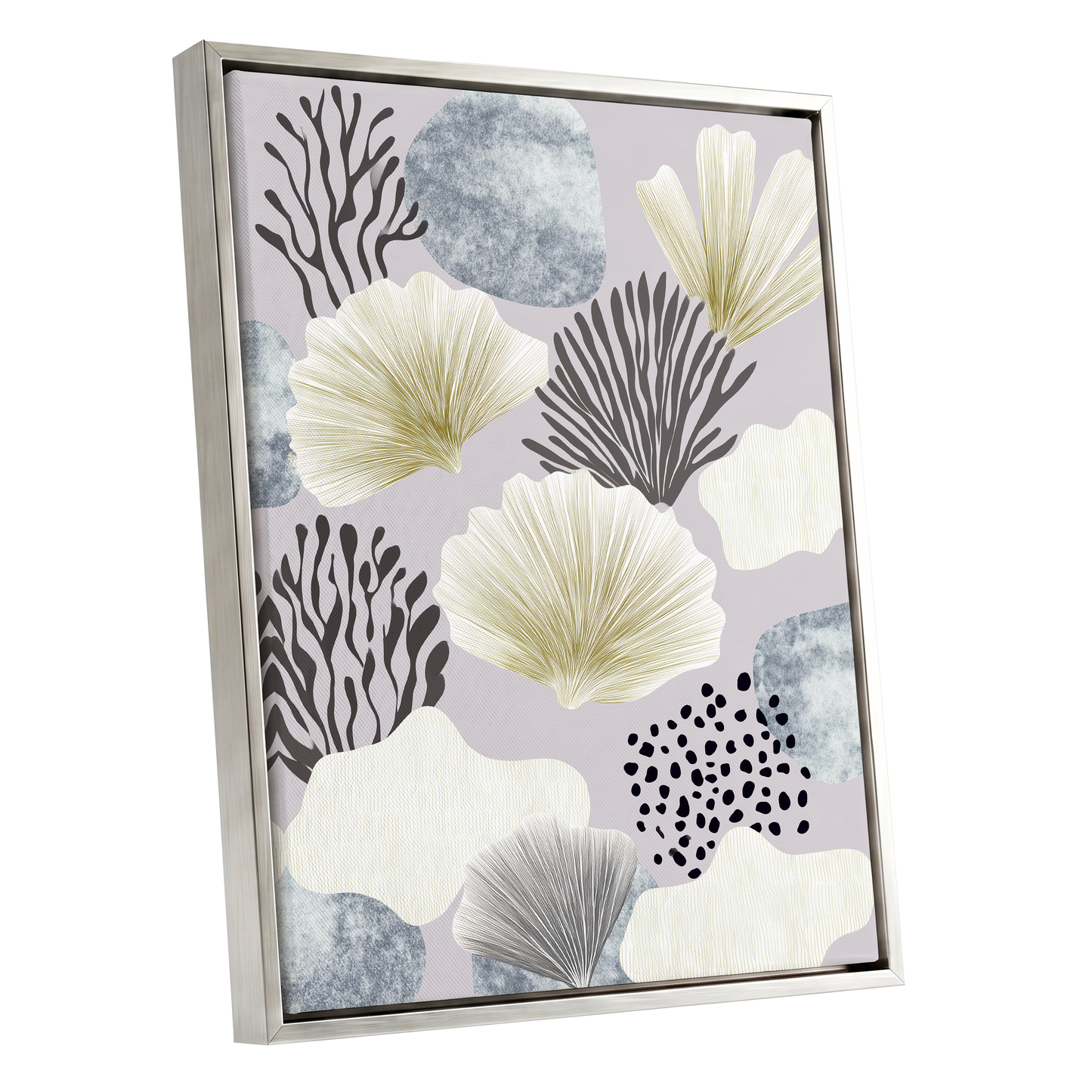 Gilded Reef Garden, gray, white, gold nature wall art shown as a silver framed canvas wall art
