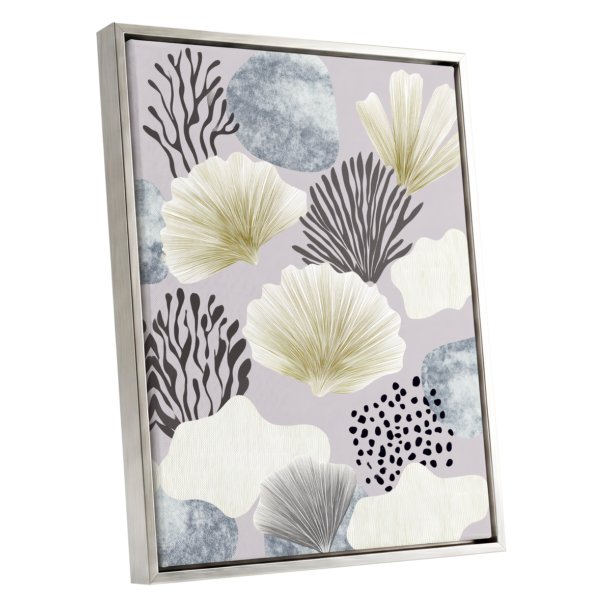 Gilded Reef Garden, gray, white, gold nature wall art shown as a silver framed canvas wall art