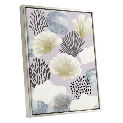 Gilded Reef Garden, gray, white, gold nature wall art shown as a silver framed canvas wall art