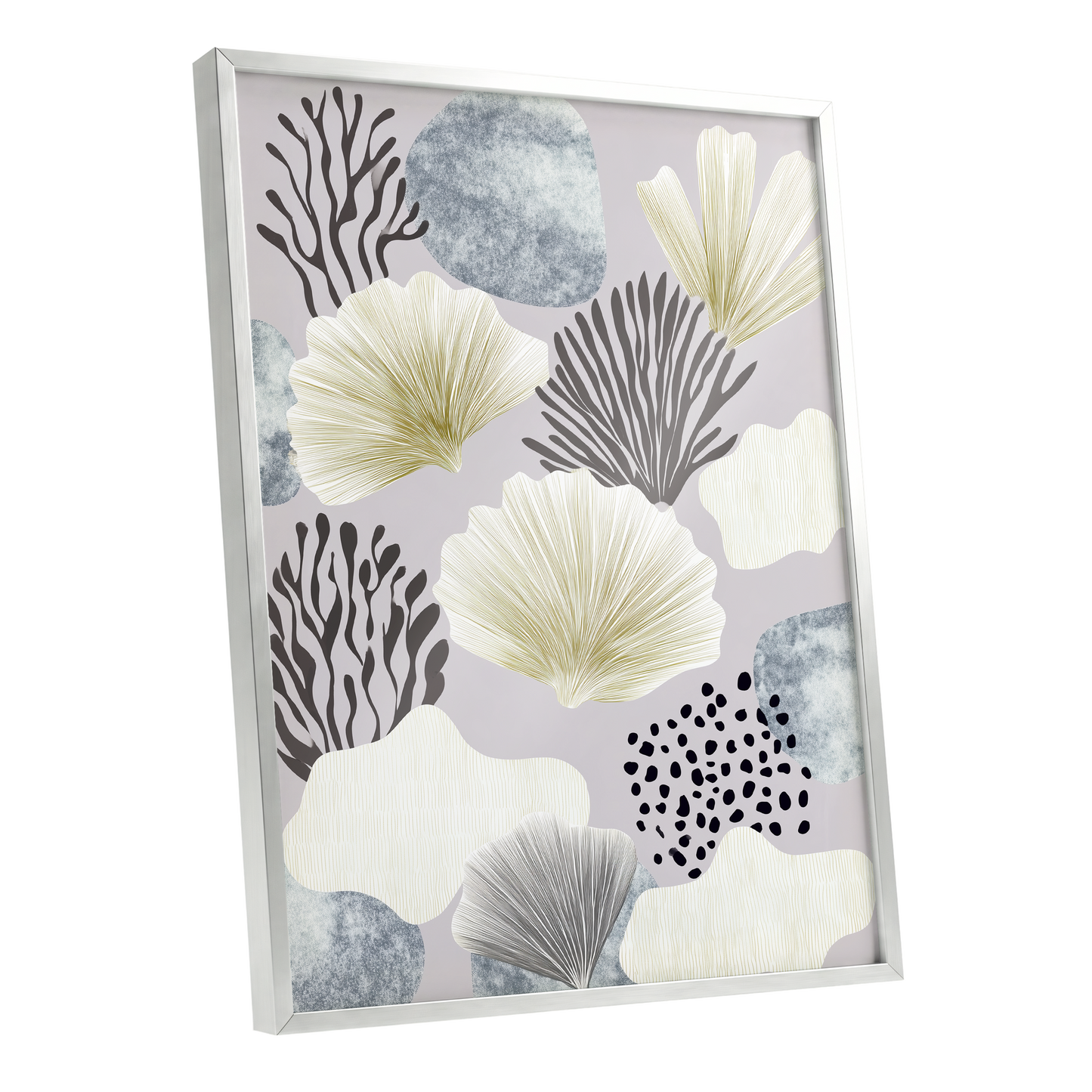 Gilded Reef Garden, gray, white, gold nature wall art shown as a silver framed poster wall art print