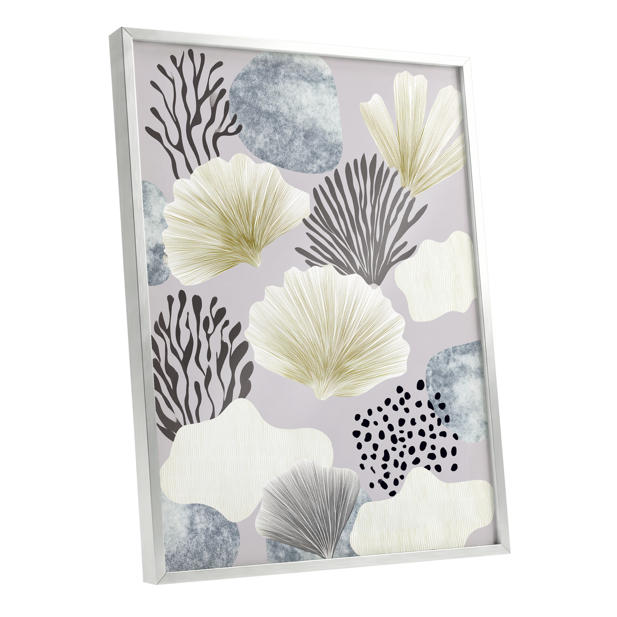 Gilded Reef Garden, gray, white, gold nature wall art shown as a silver framed poster wall art print