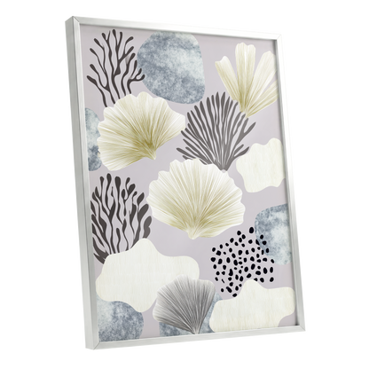 Gilded Reef Garden, gray, white, gold nature wall art shown as a silver framed poster wall art print