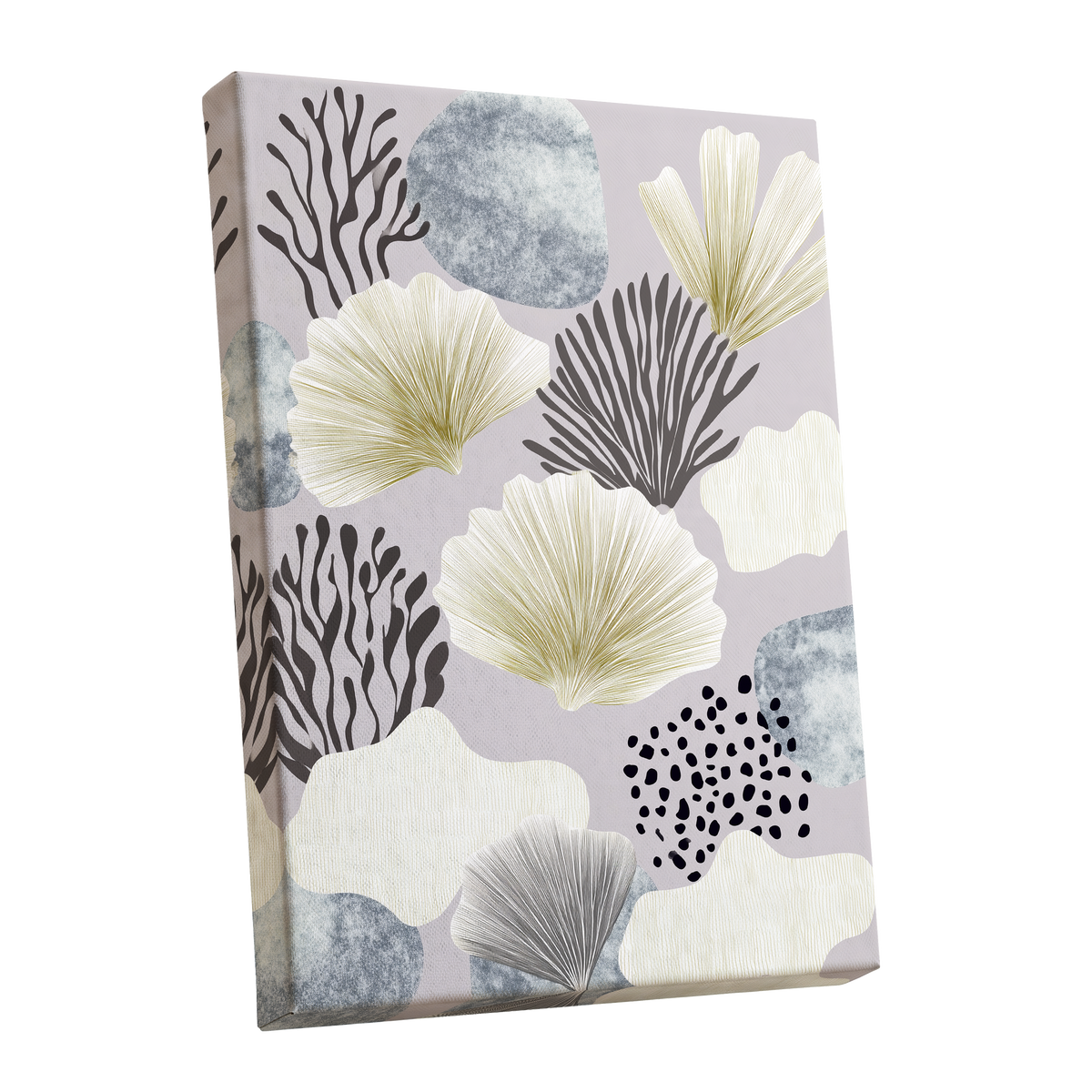 Gilded Reef Garden, gray, white, gold nature wall art shown as a stretched canvas wall art