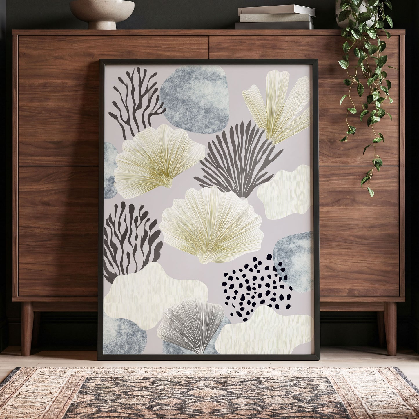 Gilded Reef Garden, gray, white, gold nature wall art displayed in a styled interior, gallery view 2
