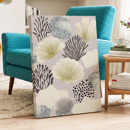 Gilded Reef Garden, gray, white, gold nature wall art displayed in a styled interior, gallery view 3