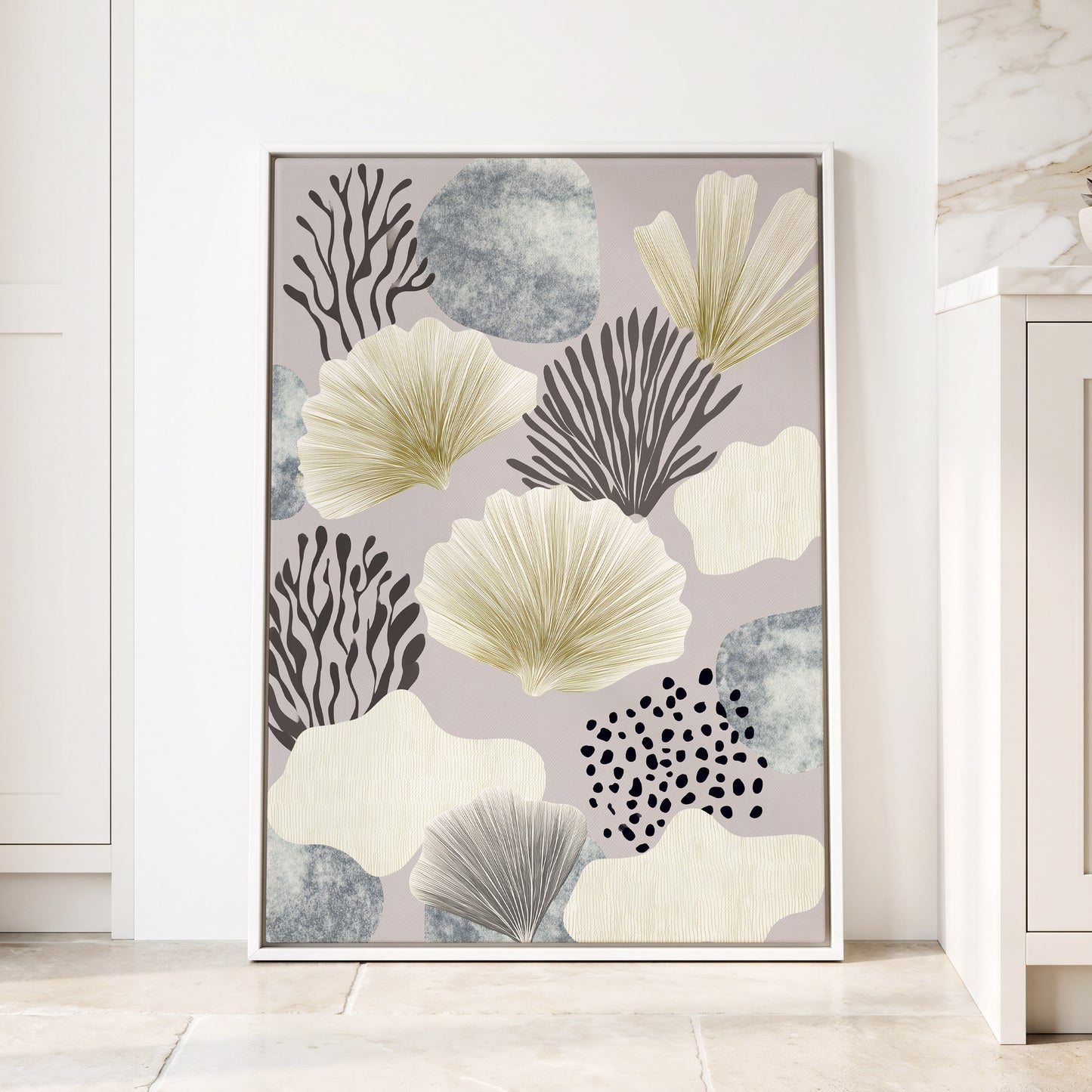 Gilded Reef Garden, gray, white, gold nature wall art displayed in a styled interior, gallery view 4