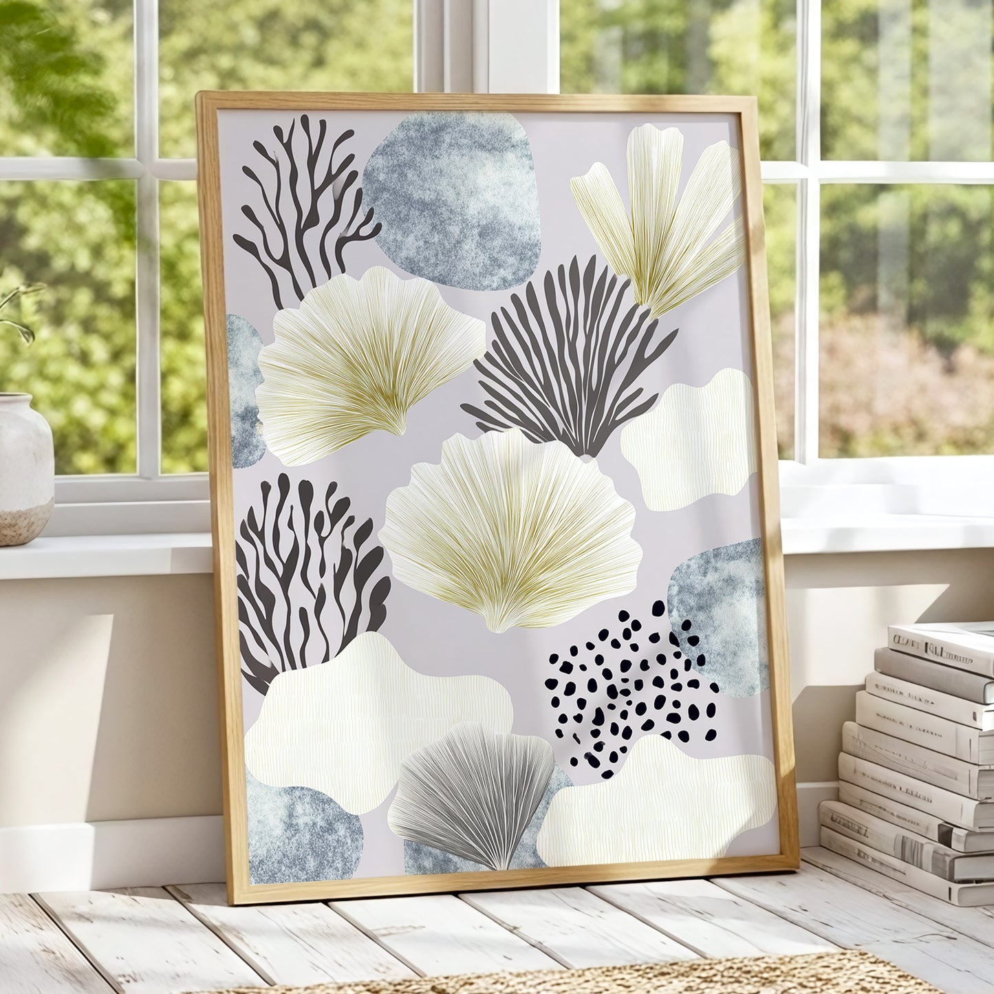 Gilded Reef Garden, gray, white, gold nature wall art displayed in a styled interior, gallery view 6