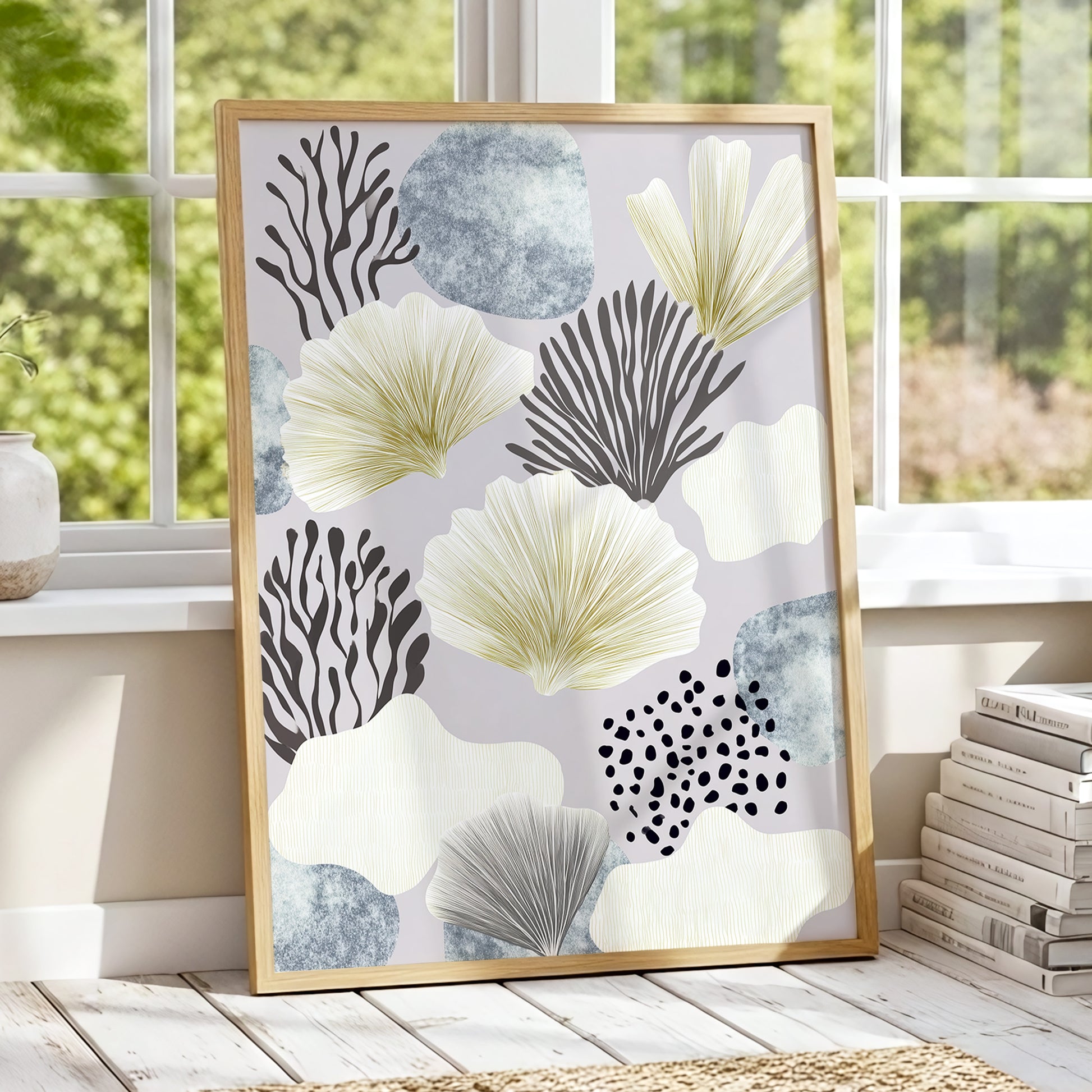 Gilded Reef Garden, gray, white, gold nature wall art displayed in a styled interior, gallery view 6