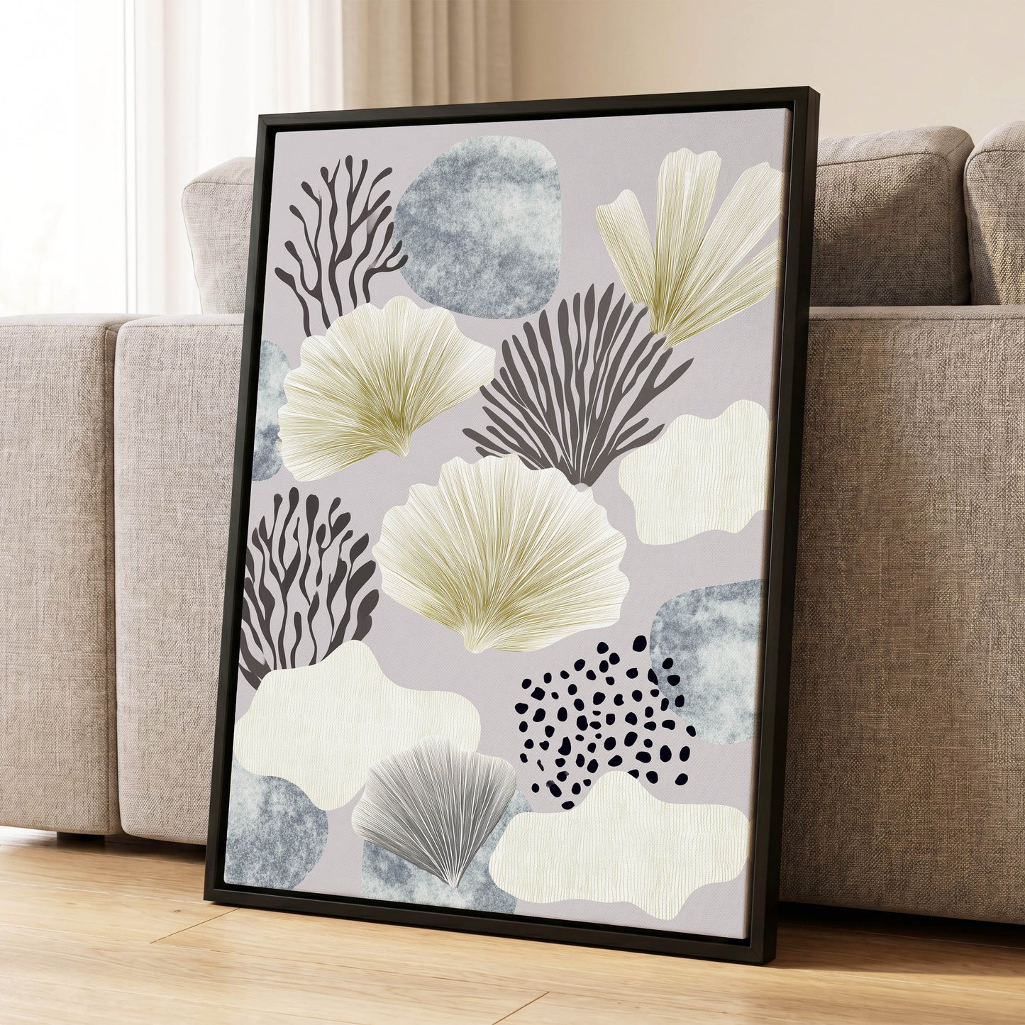 Gilded Reef Garden, gray, white, gold nature wall art displayed in a styled interior, gallery view 8