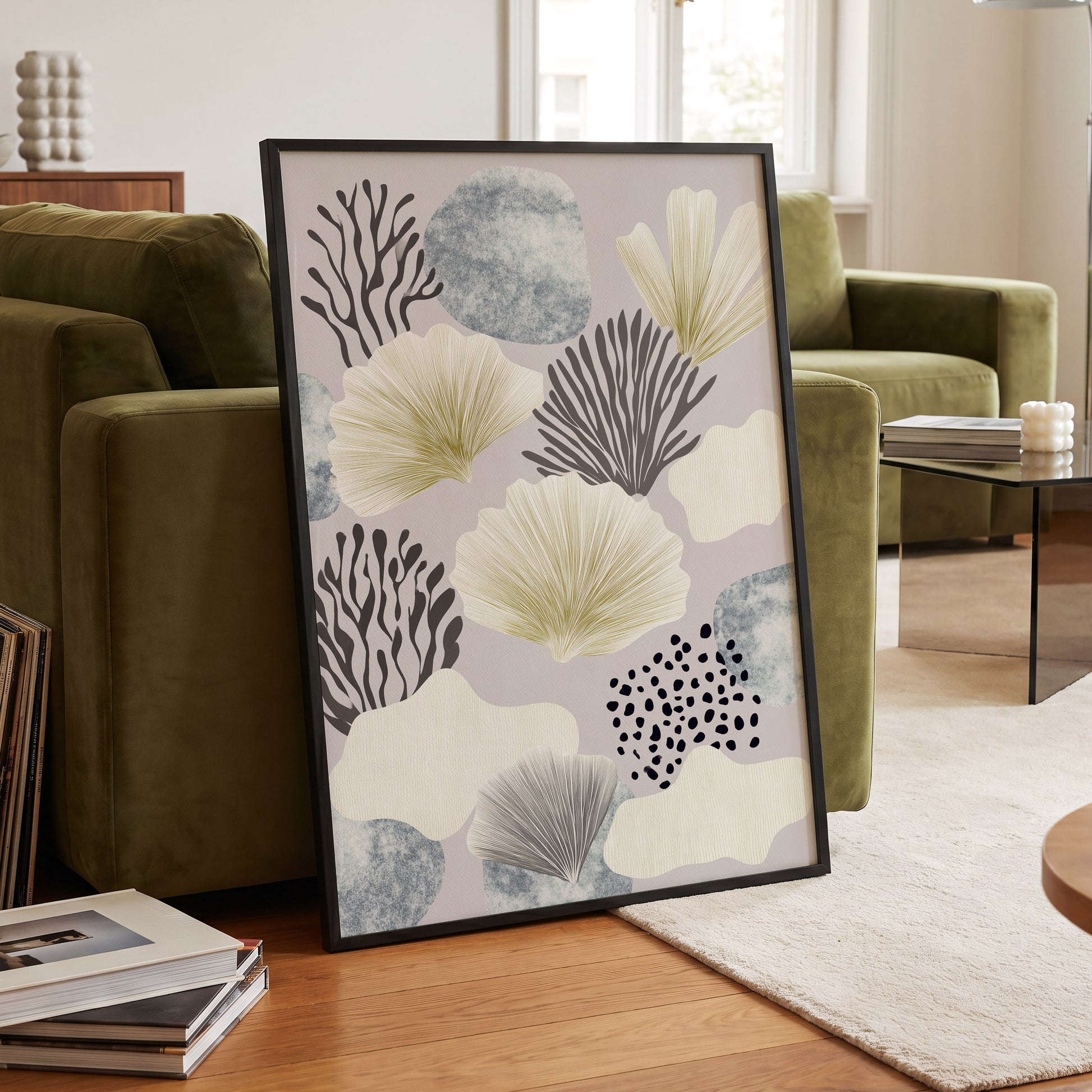 Gilded Reef Garden, gray, white, gold nature wall art displayed in a styled interior, gallery view 9