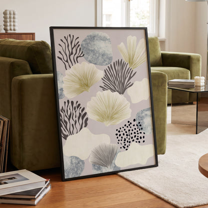 Gilded Reef Garden, gray, white, gold nature wall art displayed in a styled interior, gallery view 9