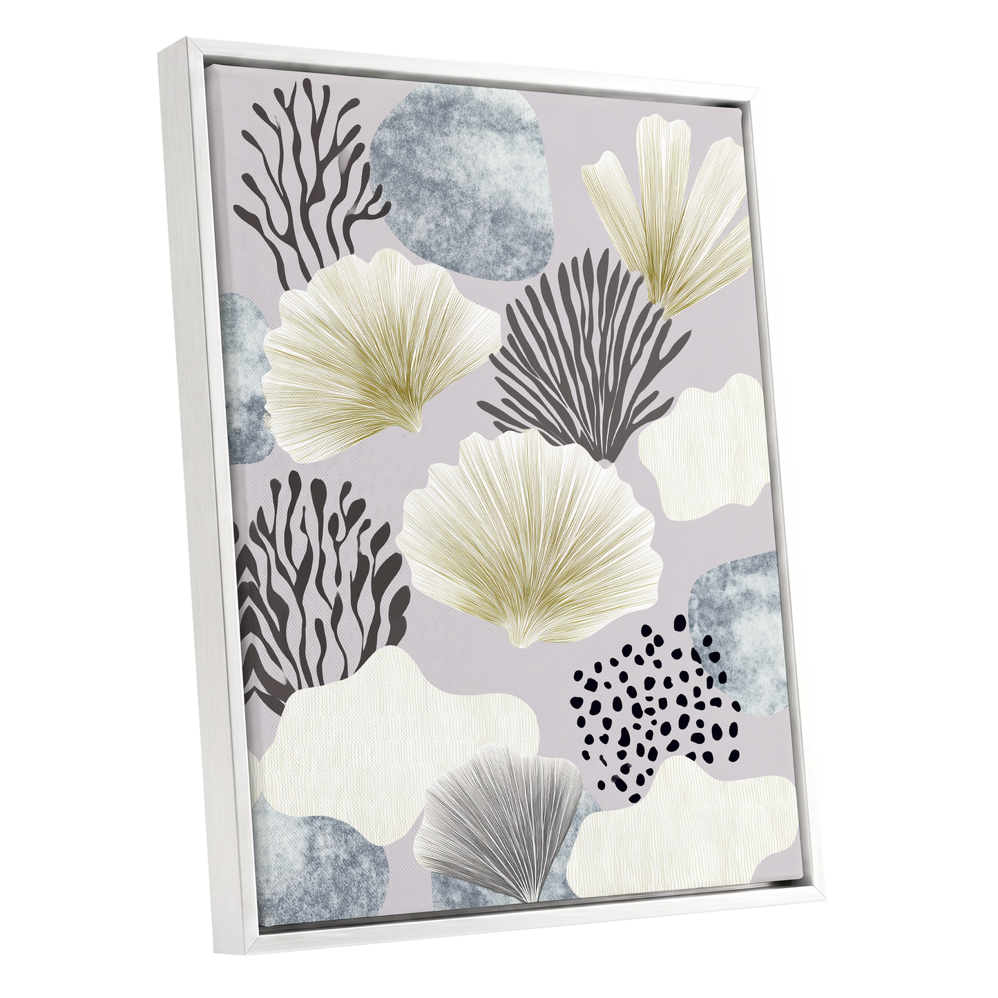 Gilded Reef Garden, gray, white, gold nature wall art shown as a white framed canvas wall art