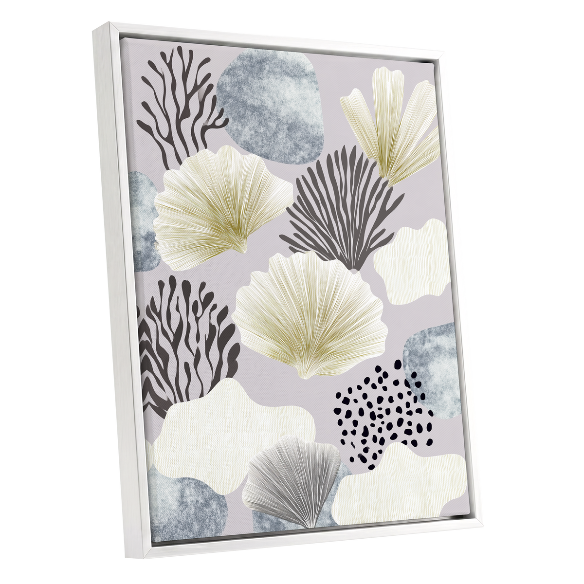Gilded Reef Garden, gray, white, gold nature wall art shown as a white framed canvas wall art
