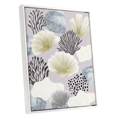 Gilded Reef Garden, gray, white, gold nature wall art shown as a white framed canvas wall art