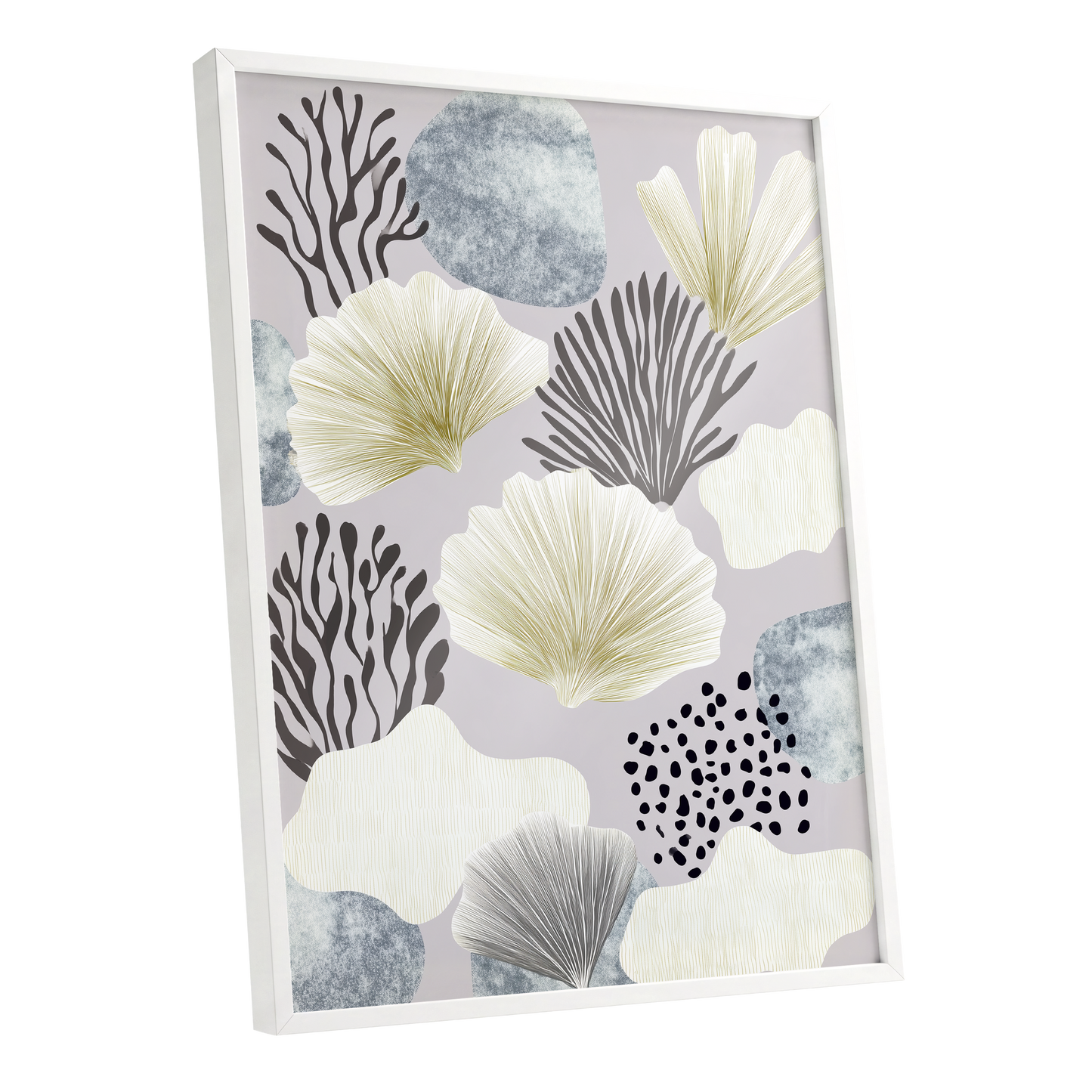 Gilded Reef Garden, gray, white, gold nature wall art shown as a white framed poster wall art print