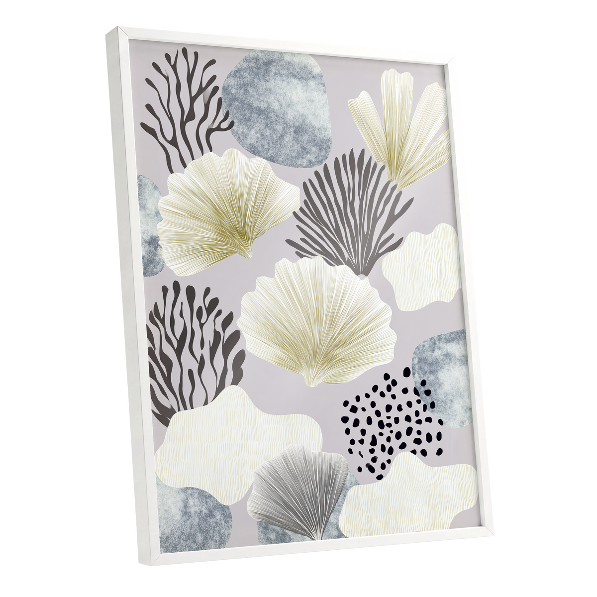 Gilded Reef Garden, gray, white, gold nature wall art shown as a white framed poster wall art print