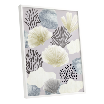 Gilded Reef Garden, gray, white, gold nature wall art shown as a white framed poster wall art print