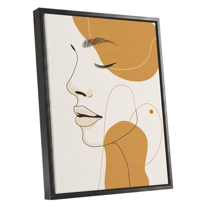 Gilded Reverie, beige, gold, black minimalist wall art shown as a black framed canvas wall art