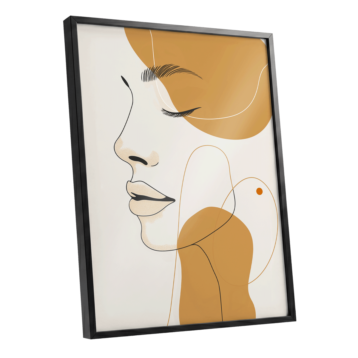 Gilded Reverie, beige, gold, black minimalist wall art shown as a black framed poster wall art print