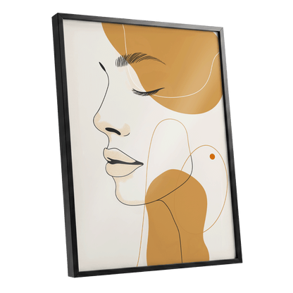 Gilded Reverie, beige, gold, black minimalist wall art shown as a black framed poster wall art print