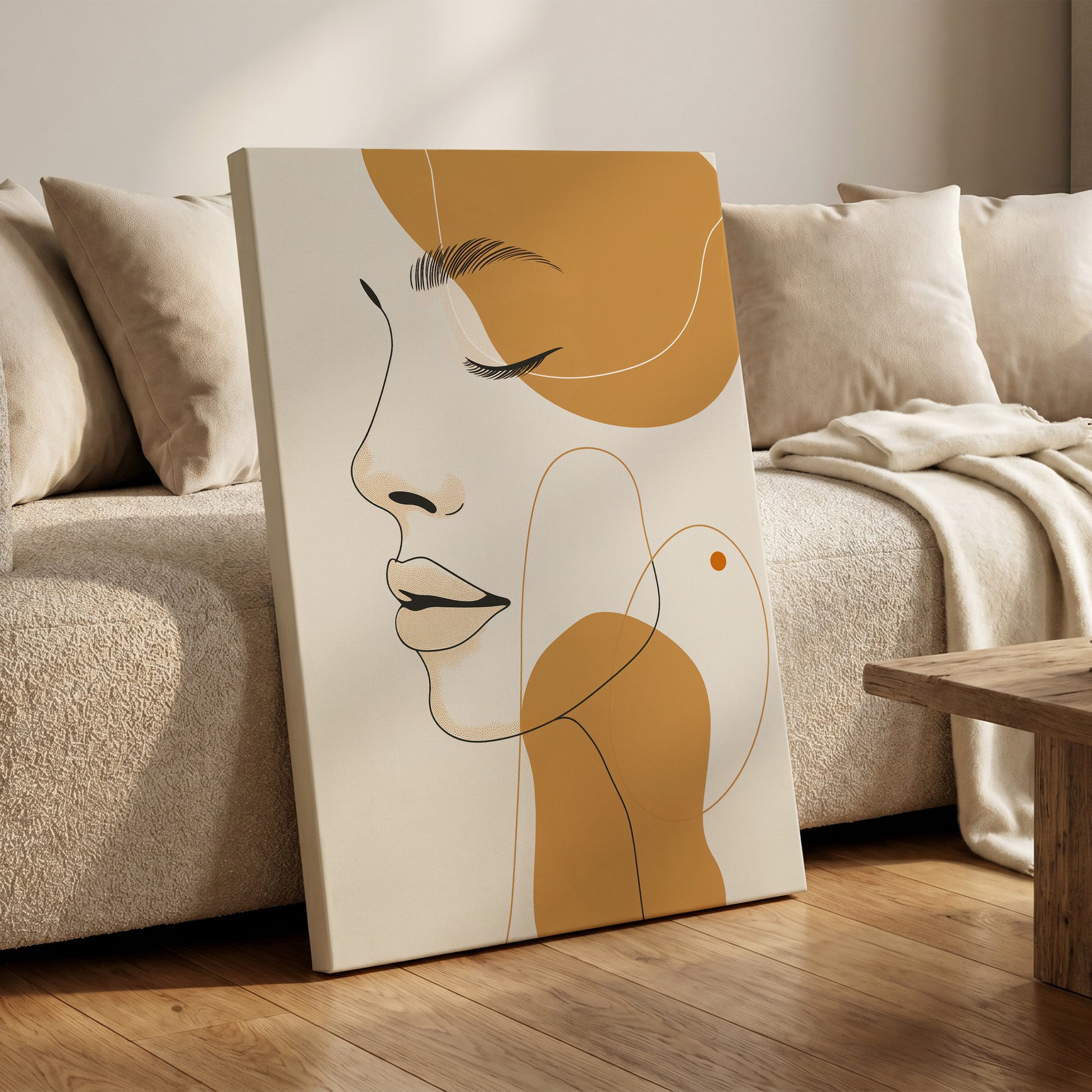Gilded Reverie, beige, gold, black minimalist wall art on canvas displayed in a styled interior, gallery view 1