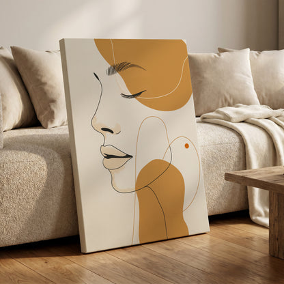 Gilded Reverie, beige, gold, black minimalist wall art on canvas displayed in a styled interior, gallery view 1