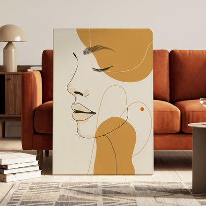 Gilded Reverie, beige, gold, black minimalist wall art on canvas displayed in a styled interior, gallery view 2