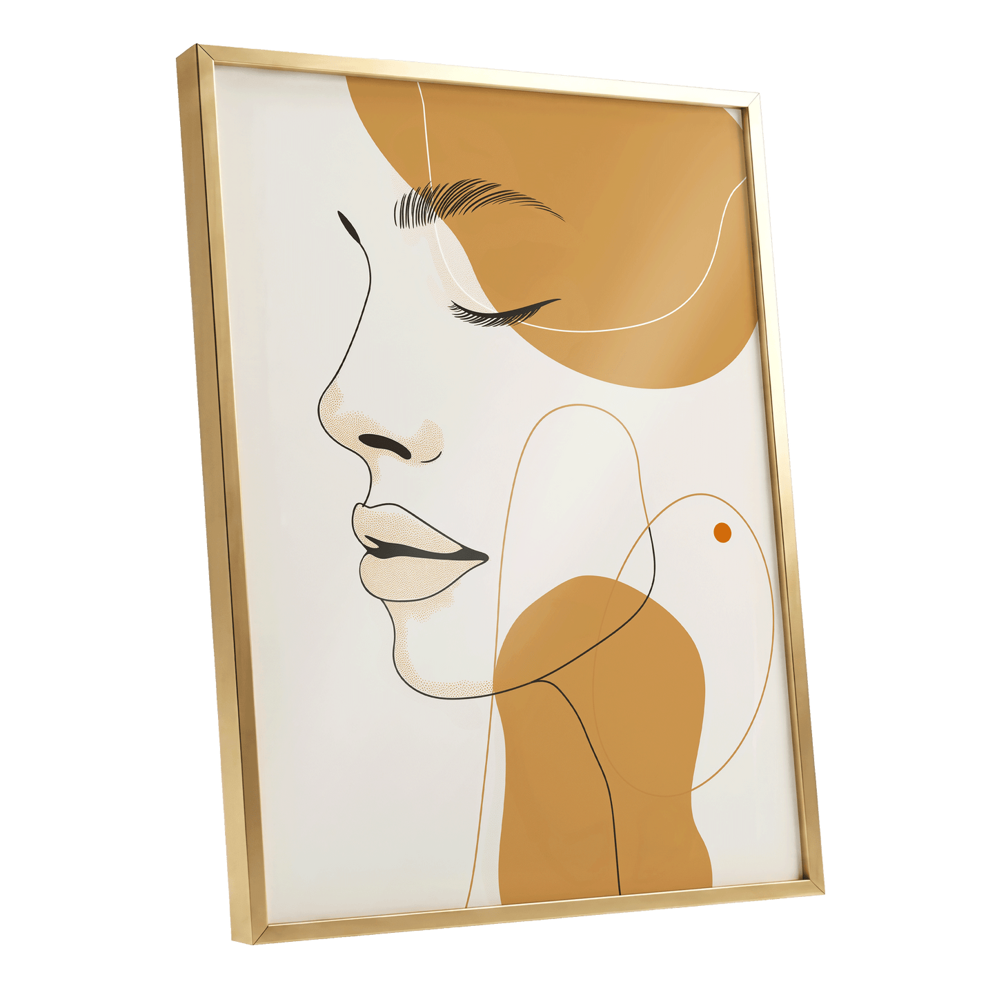 Gilded Reverie, beige, gold, black minimalist wall art shown as a gold framed poster wall art print
