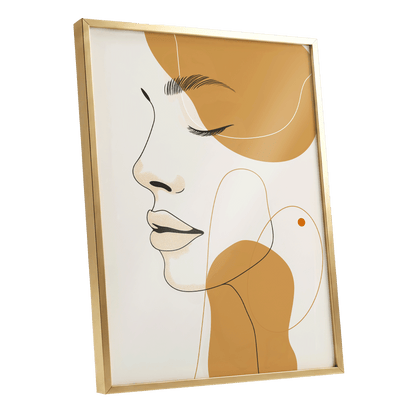 Gilded Reverie, beige, gold, black minimalist wall art shown as a gold framed poster wall art print