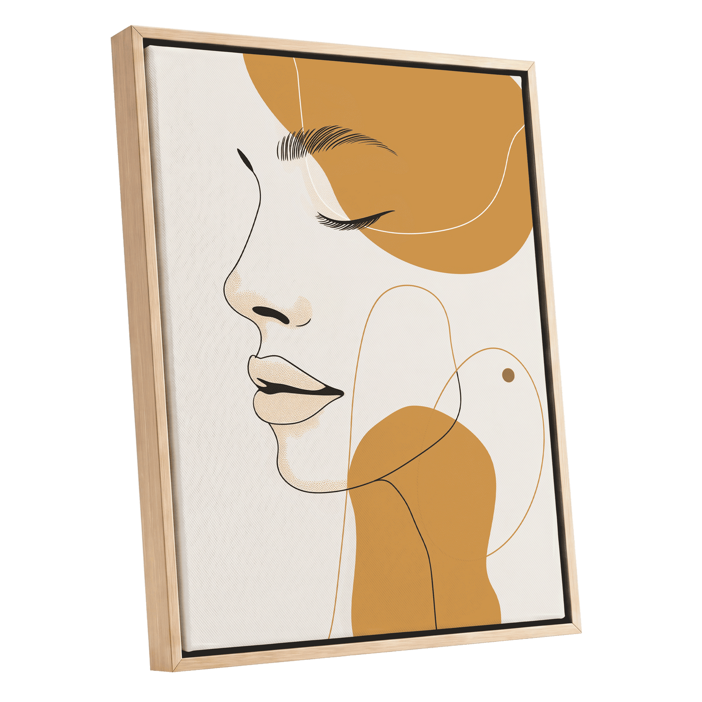 Gilded Reverie, beige, gold, black minimalist wall art shown as a oak framed canvas wall art