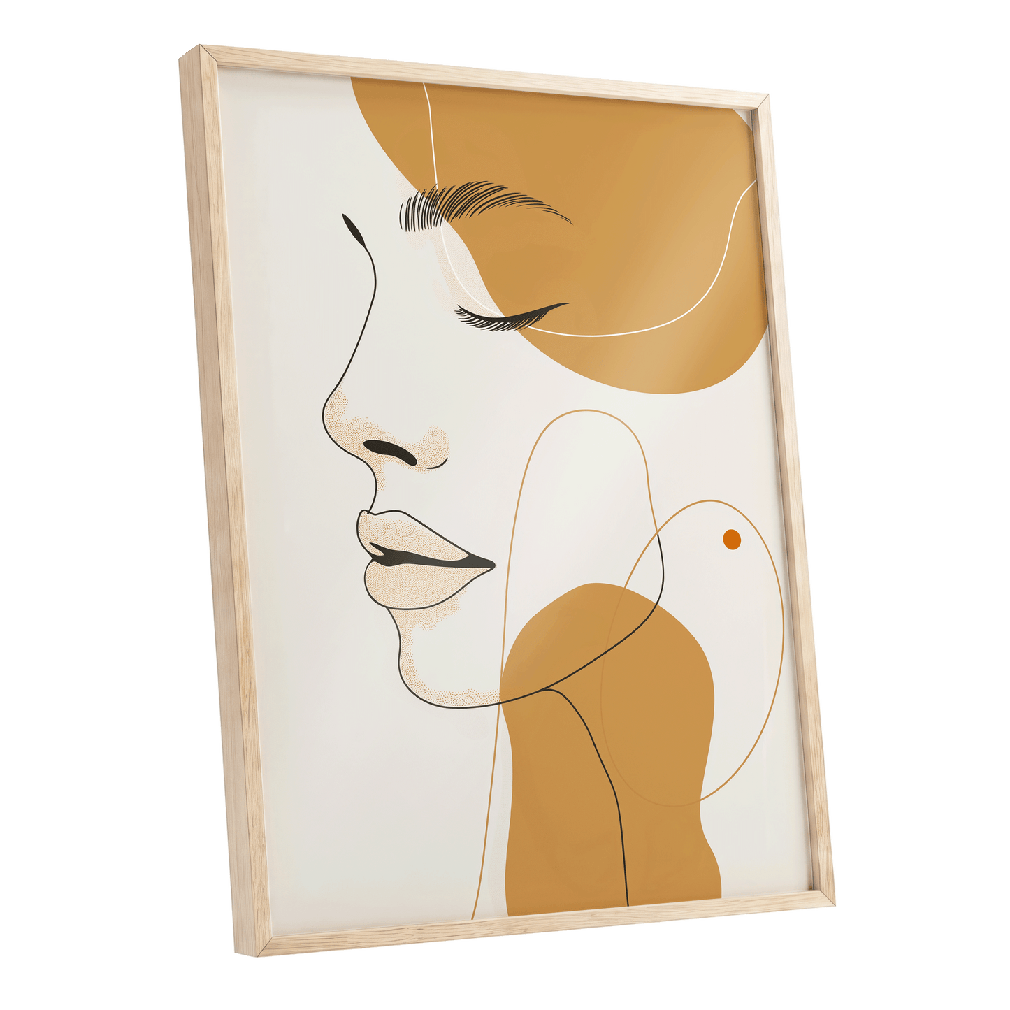 Gilded Reverie, beige, gold, black minimalist wall art shown as a oak framed poster wall art print