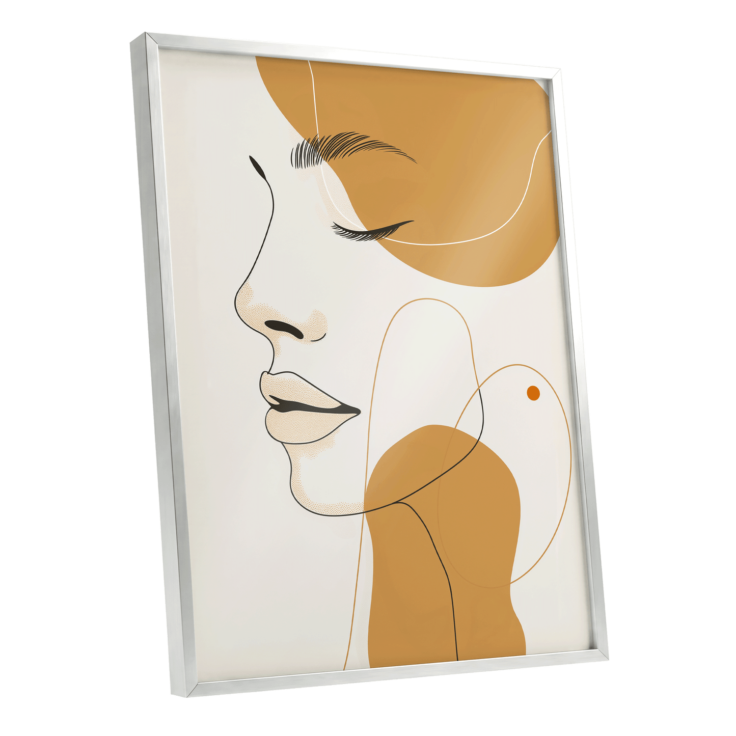 Gilded Reverie, beige, gold, black minimalist wall art shown as a silver framed poster wall art print