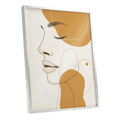 Gilded Reverie, beige, gold, black minimalist wall art shown as a silver framed poster wall art print
