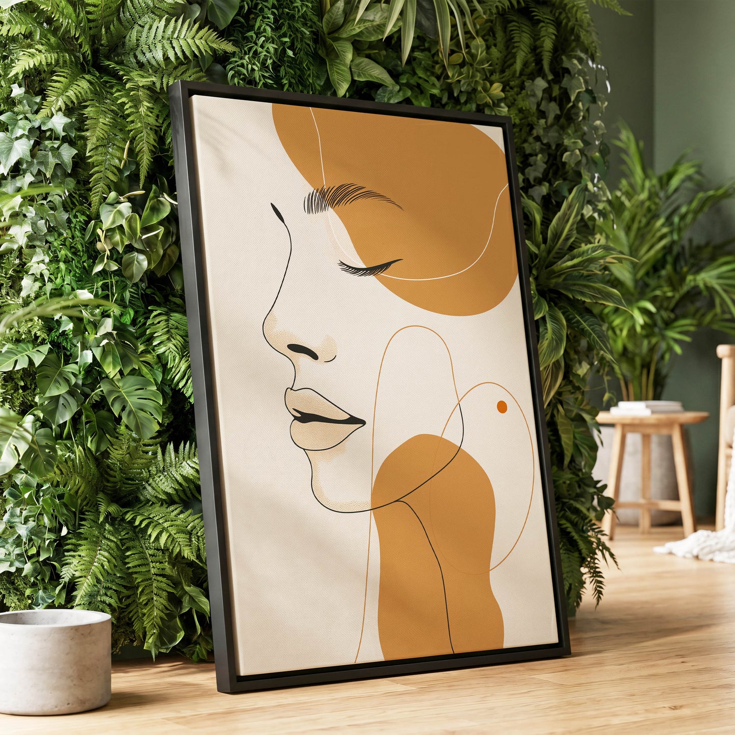 Gilded Reverie, beige, gold, black minimalist wall art displayed in a styled interior, gallery view 1