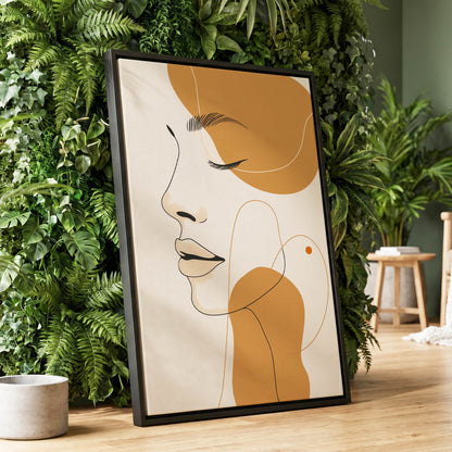 Gilded Reverie, beige, gold, black minimalist wall art displayed in a styled interior, gallery view 1