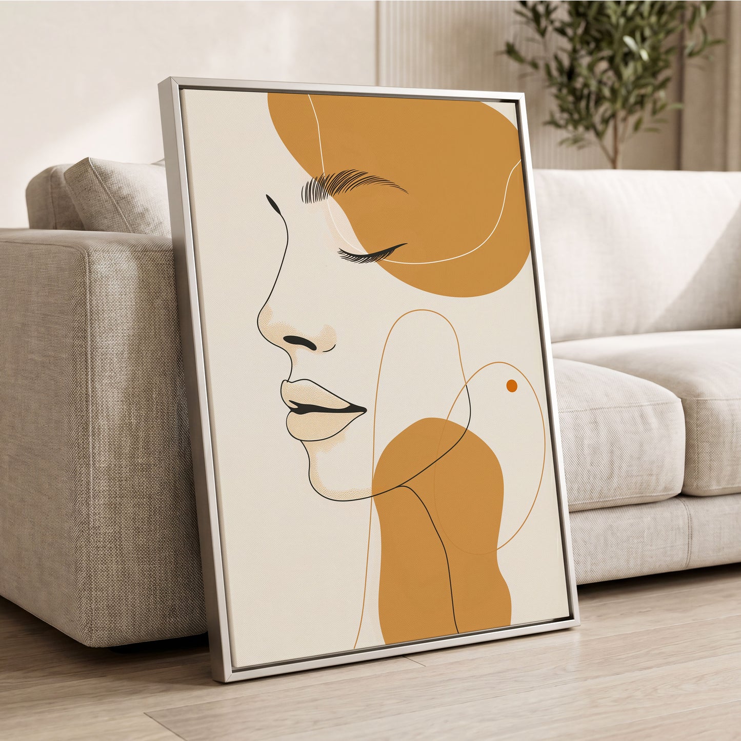Gilded Reverie, beige, gold, black minimalist wall art displayed in a styled interior, gallery view 2